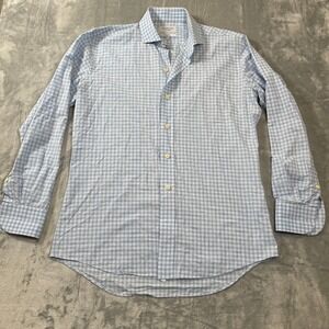 Ledbury Slim Fit Gingham Dress Shirt Mens 16.5 Blue White Long Sleeve Button Up